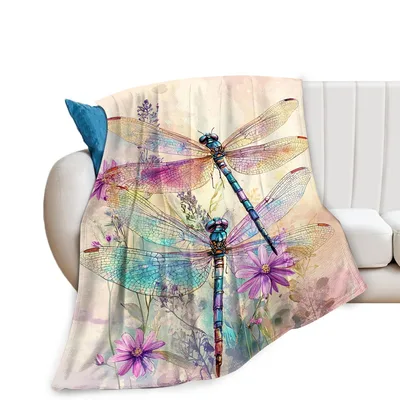 Dragonfly and Watercolor Flowers Blanket featuring iridescent insects
