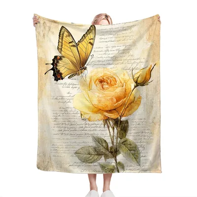 Yellow Rose on Vintage Blanket: Butterfly and Script Design