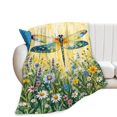 Dragonfly in Wildflower Field Blanket: Watercolor Art with Insect
