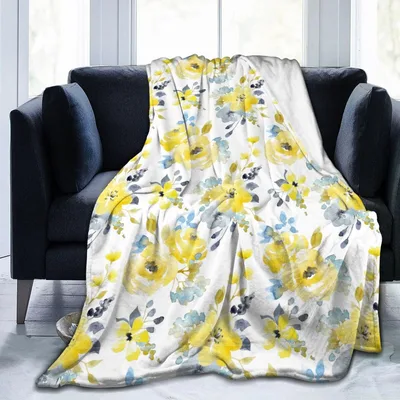Yellow Blue Bright Flowers Blanket: Watercolor Floral Throw Design