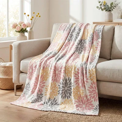 Dahlia Pinnata Floral Pattern Blanket featuring pink grey