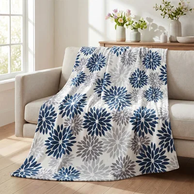 Blue Dahlia Floral Pattern Blanket: Navy and Gray Chrysanthemum Design