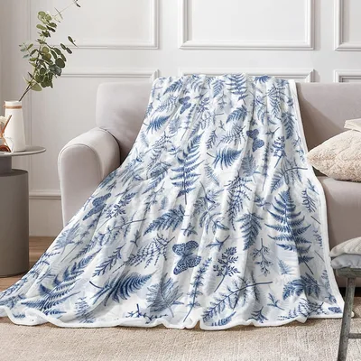 Blue White Fern Pattern Blanket: Vintage Botanical Throw