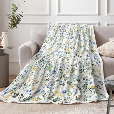 Spring Watercolor Floral Pattern Blanket featuring delicate blue