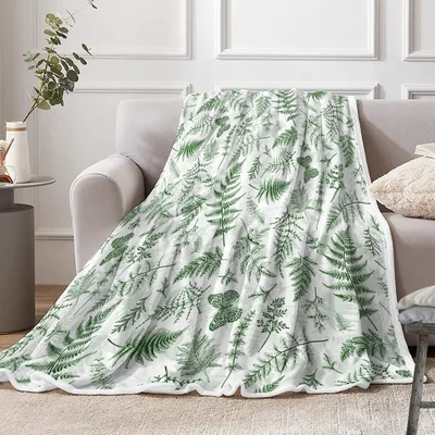 Green Botanical Fern Pattern Blanket: Vintage Leaf and Butterfly Print