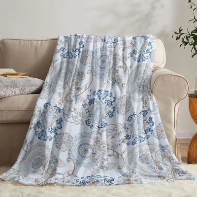 Light Blue Paisley Floral Blanket for Cozy Living Room Decor