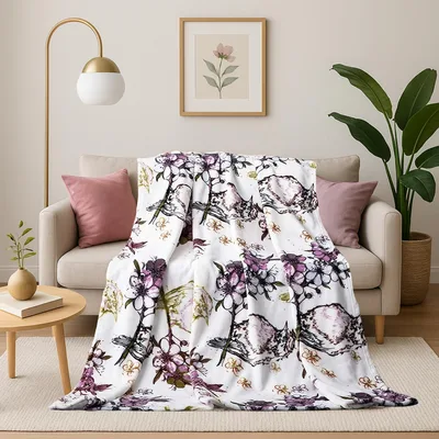 Purple Garden Birds Floral Blanket featuring orchid blossoms