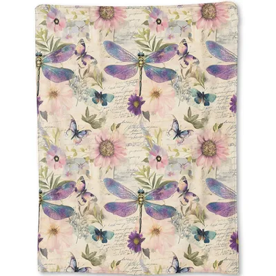 Dragonfly Floral Pastel Pattern Blanket: Vintage Insects and Flowers