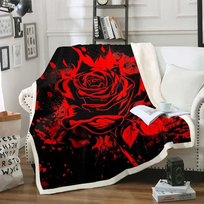 Red Rose Blooming Floral Blanket: Bold Red and Black Art Design