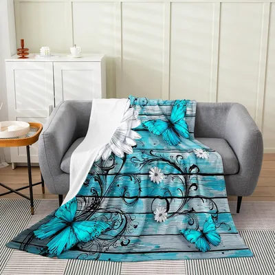 Teal Butterfly Rustic Flower Blanket: Vibrant Wings on Wood Grain