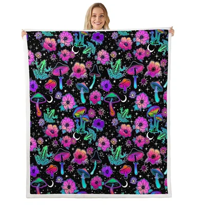 Hippie Flowers and Mushrooms Blanket: Neon Nature Pattern