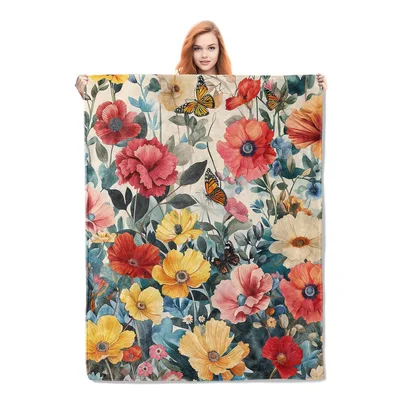 Vintage Colorful Flowers Butterflies Blanket