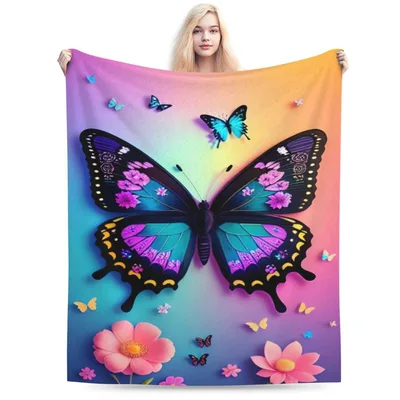 Colorful Butterfly with Flowers Blanket featuring a large butterfly