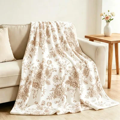 Tan Chinoiserie Flower Pattern Blanket