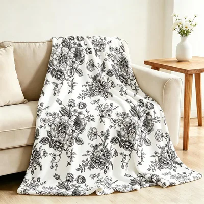 Black Chinoiserie Flower Pattern Blanket for Vintage Floral Lovers