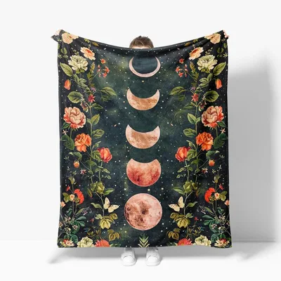 Moon Phases with Flowers Blanket: Vintage Celestial and Floral Design