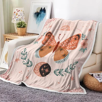Pink Butterfly Boho Floral Blanket: Whimsical Moon and Star Design