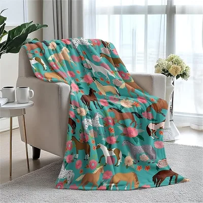 Teal Floral Pattern Blanket: Horse and Flower Design