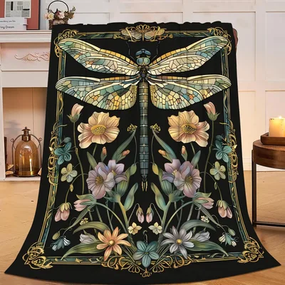 Dragonfly with Flowers Blanket: Art Nouveau Insect and Bloom Design