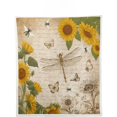 Sunflowers and Dragonfly Blanket: Vintage Floral Throw with Insects