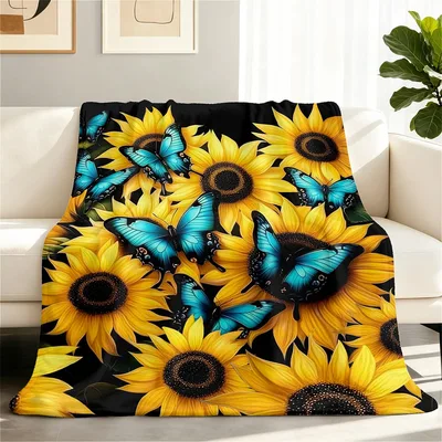 Blue Butterflies and Sunflowers Blanket: Vibrant Floral Art