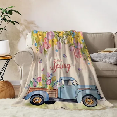 Spring Floral Tulips Blanket: Vintage Truck and Hello Spring Design