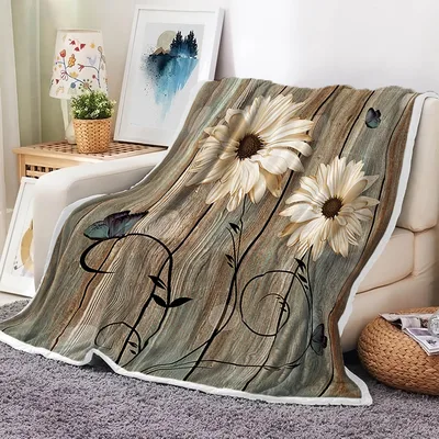 Rustic Daisies on Barnwood Blanket: Farmhouse Floral Throw