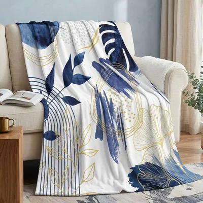 Navy Leaves and Gold Blanket: Abstract Floral Art for Modern Interiors
