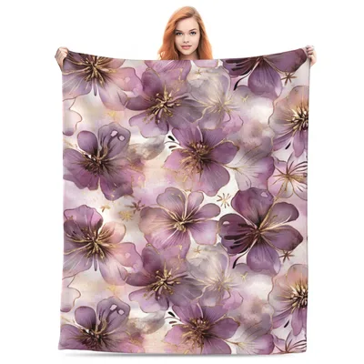 Purple Gold Painted Flowers Blanket: Artistic Floral Design