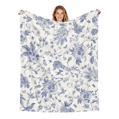 Blue Toile Floral Birds Blanket
