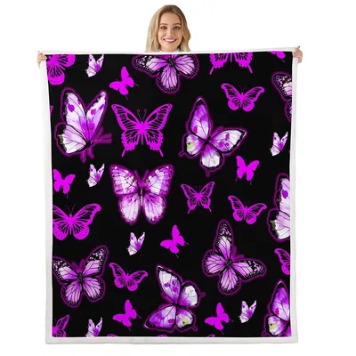 Purple Butterflies Pattern Blanket: Glowing Insect Art on Black
