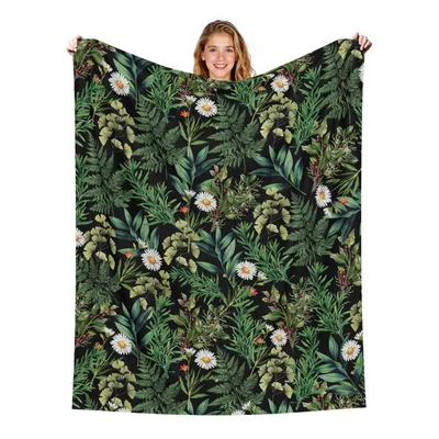 Fern Leaves Botanical Pattern Blanket: Dark Floral Throw with Daisies