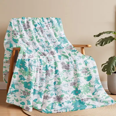 Blue Watercolor Flowers Botanical Blanket: Teal and Gray Floral Throw