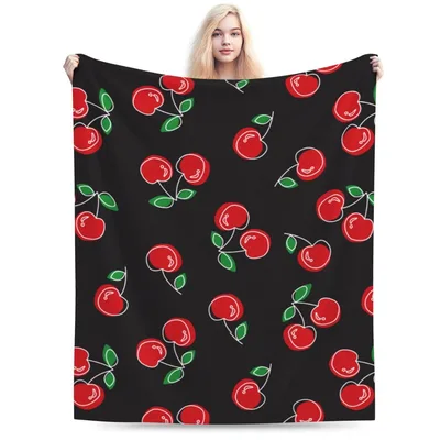 Red Cherries Pattern Blanket: Bold Red Fruit on Black Background