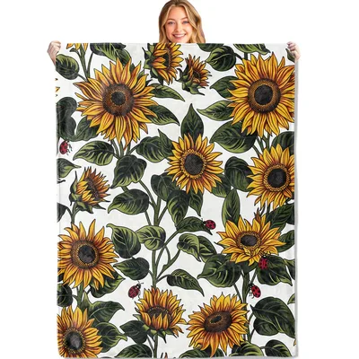 Sunflowers and Ladybugs Pattern Blanket: Botanical Floral Throw