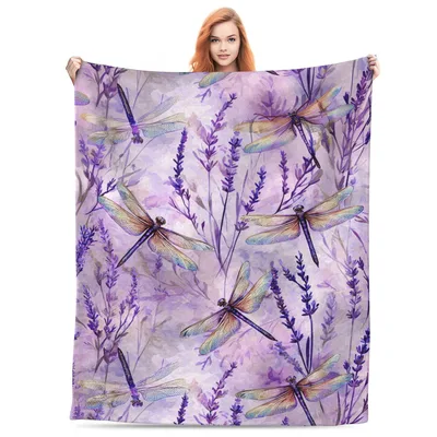 Dragonfly Lavender Floral Blanket: Iridescent Insects on Purple Fields