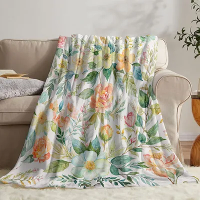 Watercolor Leaves and Flowers Blanket featuring soft peach