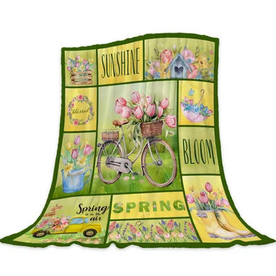 Spring Bicycle Flowers Patchwork Blanket Celebrating Sunny Garden Days