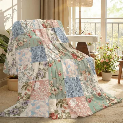 Pastel Floral Patchwork Pattern Blanket for Boho Home Decor