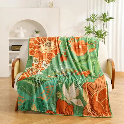 Sage Boho Botanical Floral Blanket featuring large orange flowers