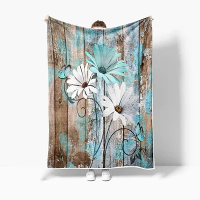 Teal Daisies on Rustic Blanket: Country Floral Design