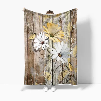 Yellow Daisy Flowers Blanket: Rustic Wood and Floral Art Design