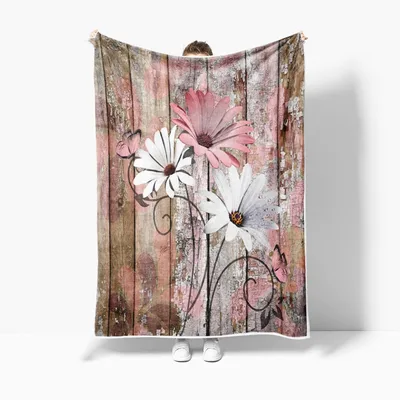 Pink Daisy Flowers Blanket: Rustic Wood and Floral Art Design