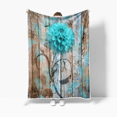 Turquoise Dahlia on Rustic Blanket: Farmhouse Floral Art