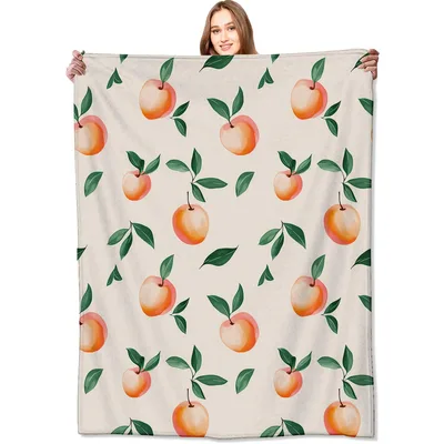 Peaches and Green Leaves Blanket: Fresh Fruit Pattern for Home Decor