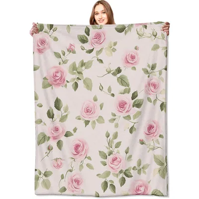 Pink Roses with Green Blanket: Floral Throw for Spring Decor
