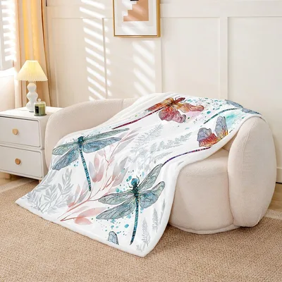 Dragonflies Among Feathers Blanket: Watercolor Insect Art
