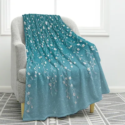 Cherry Blossom Vine Teal Blanket: Ombre Floral Throw for Nature Lovers