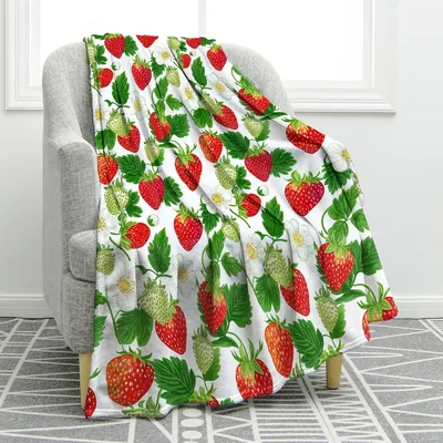 Strawberries Pattern Blanket: Red Fruit and Green Leaf Design