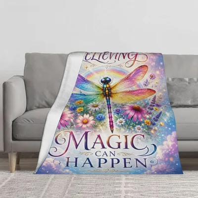 Believe Magic Can Happen Blanket: Dragonfly and Wildflowers Design